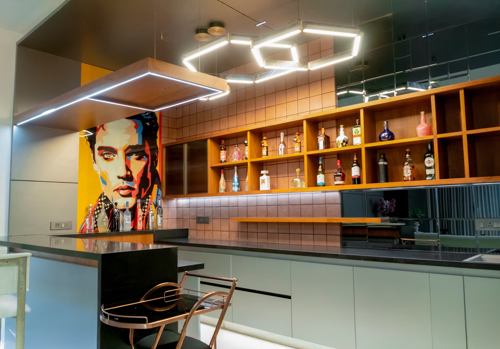 Night view of an illuminated luxury farm house in Bangalore for anniversary celebrations.