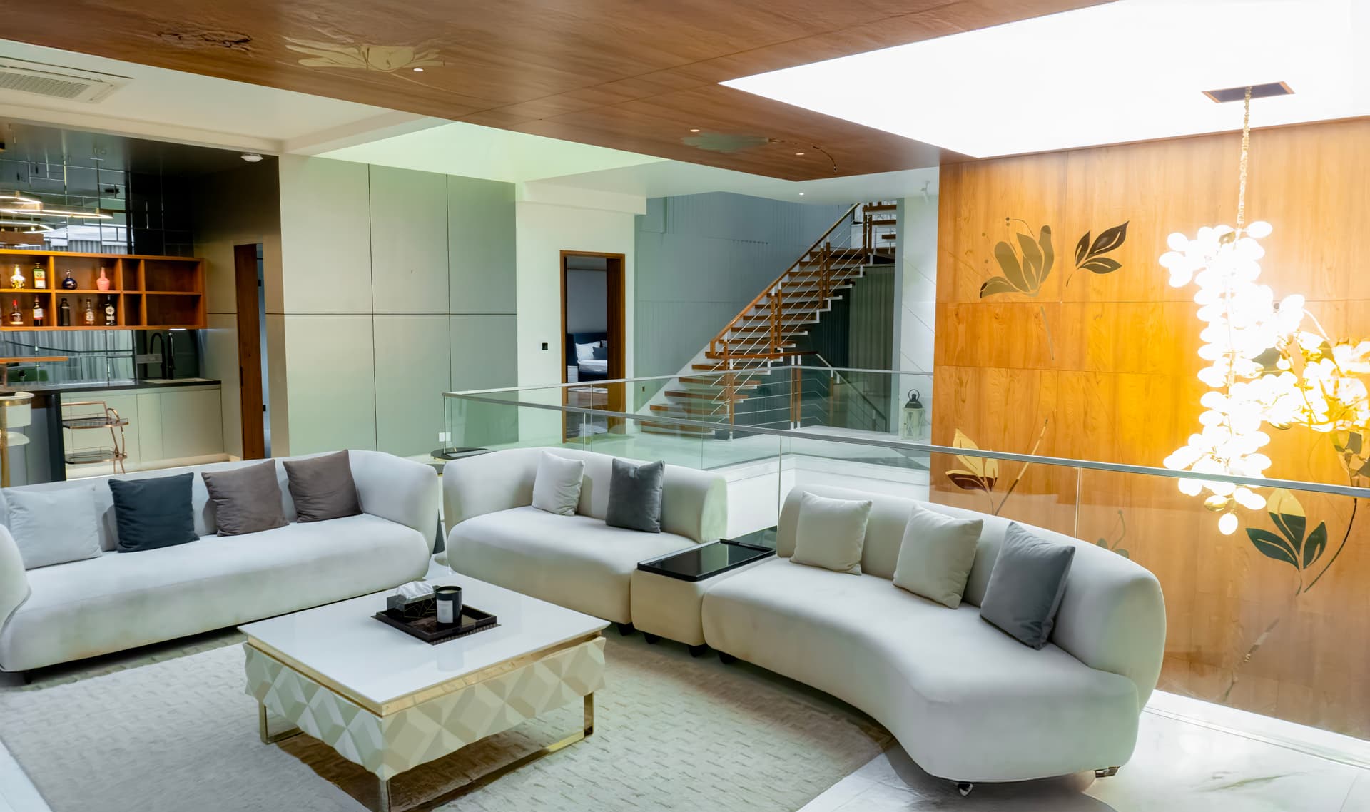 Interior of a lavishly decorated living room at a farmhouse for corporate events in Bangalore.